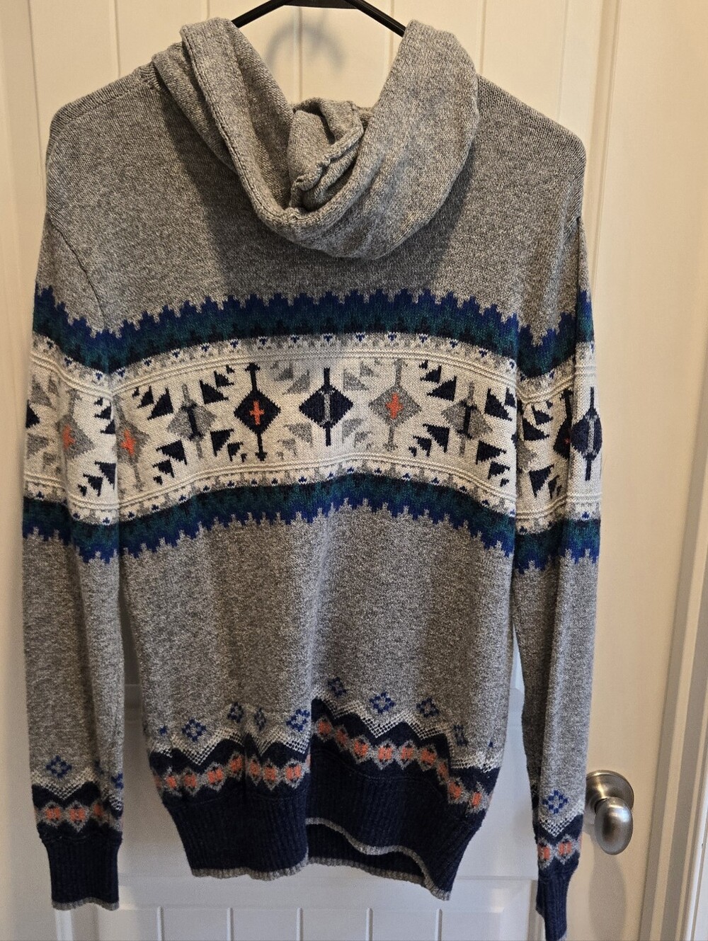 American Eagle Outfitters Grey Hooded Sweater with Blue and Orange Accents